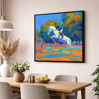 Vibrant Showjumping Leap show jumping horse wall art displayed in a dining room