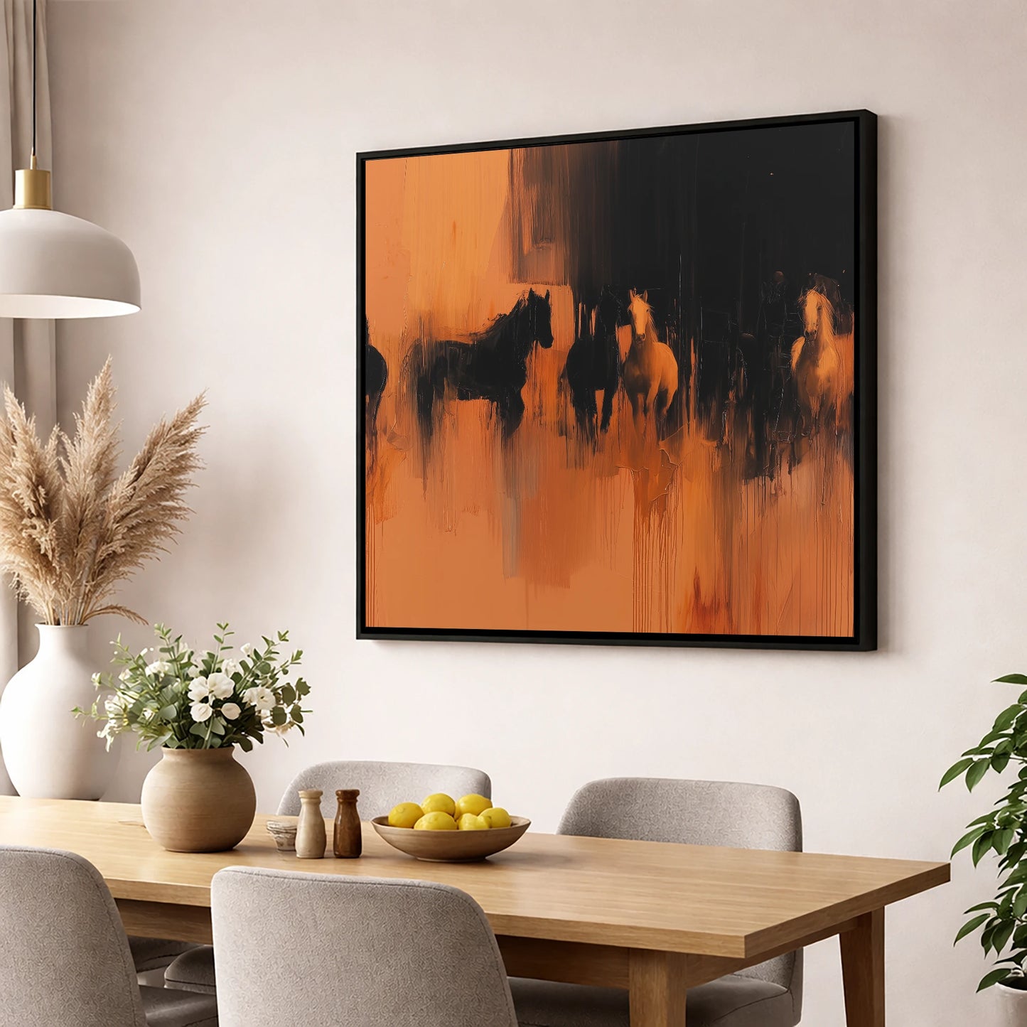 Ember and Shadow wild horses wall art displayed in a dining room
