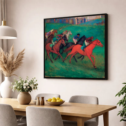 The Crimson Gallop racing horse wall art displayed in a dining room