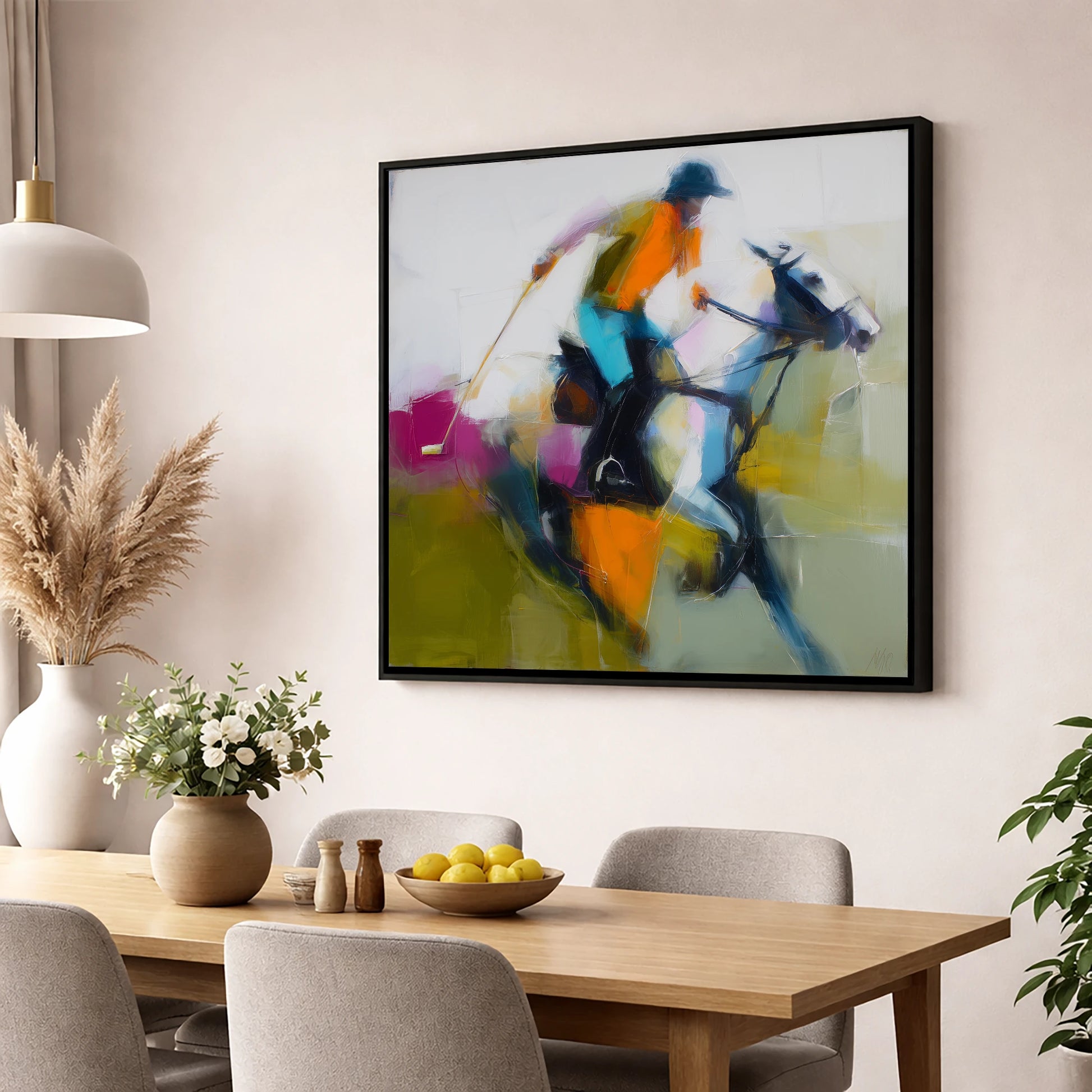 Midfield Momentum polo horse wall art displayed in a dining room