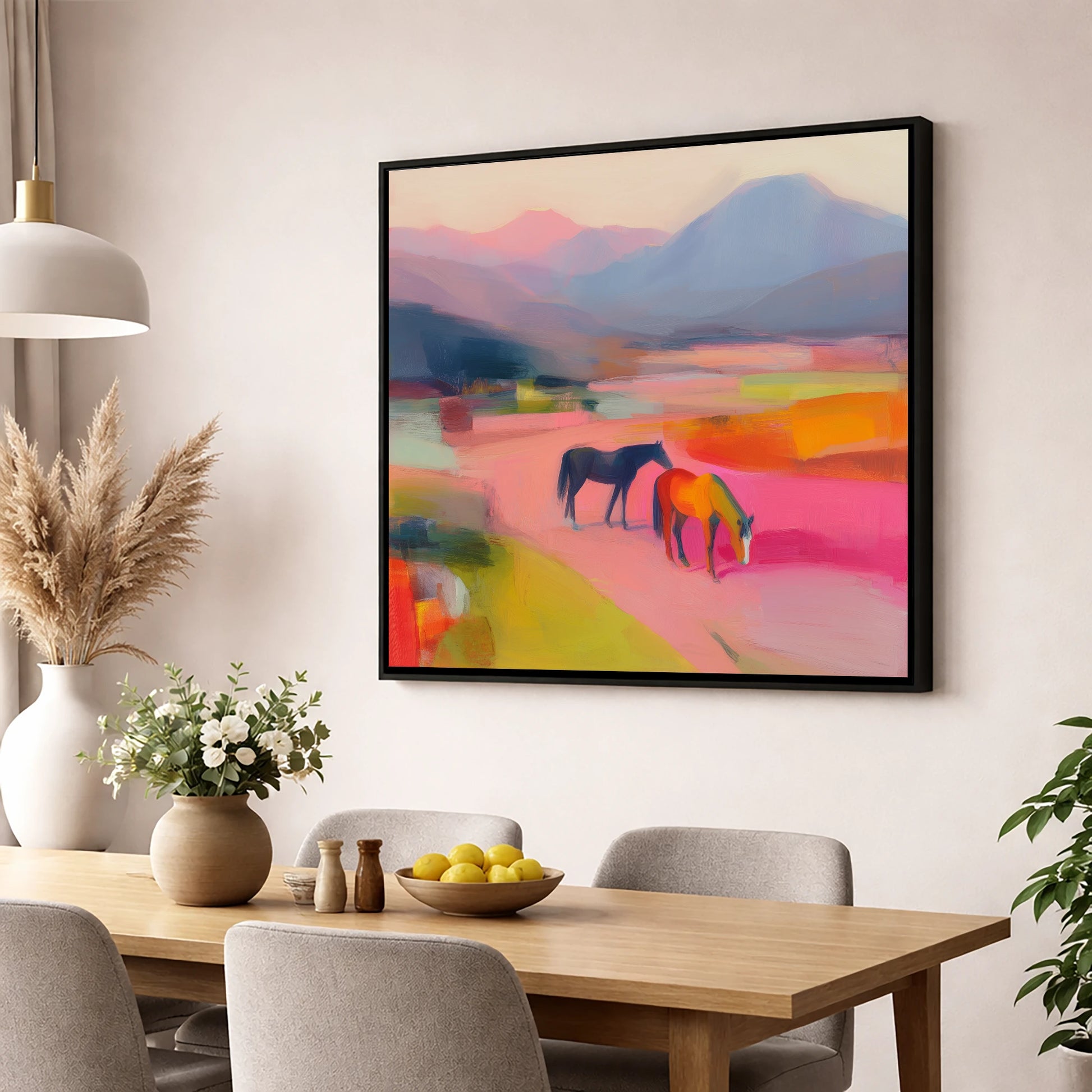 Vivid Horizons horse landscape wall art displayed in a dining room