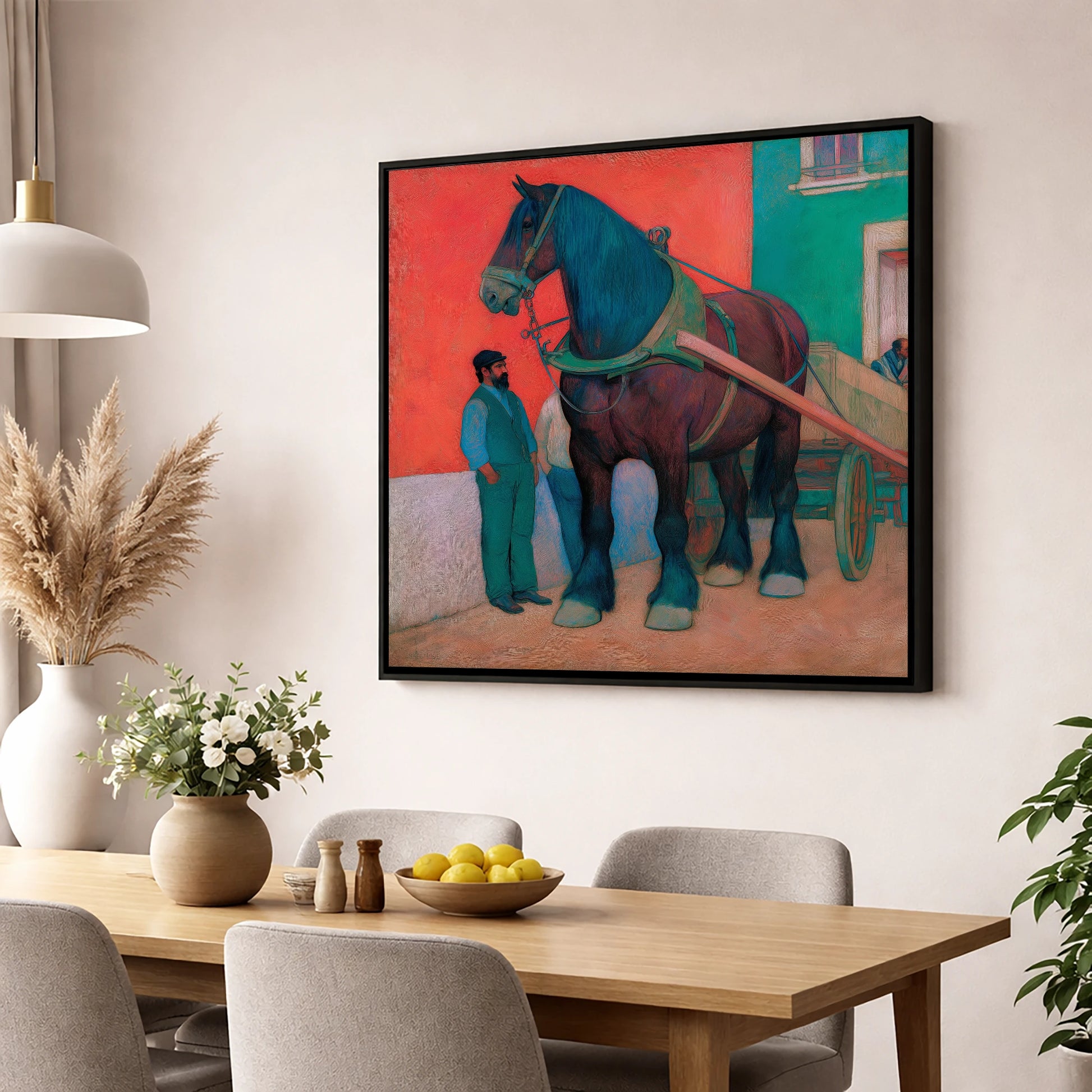 Strength and Stillness working horse wall art displayed in a dining room