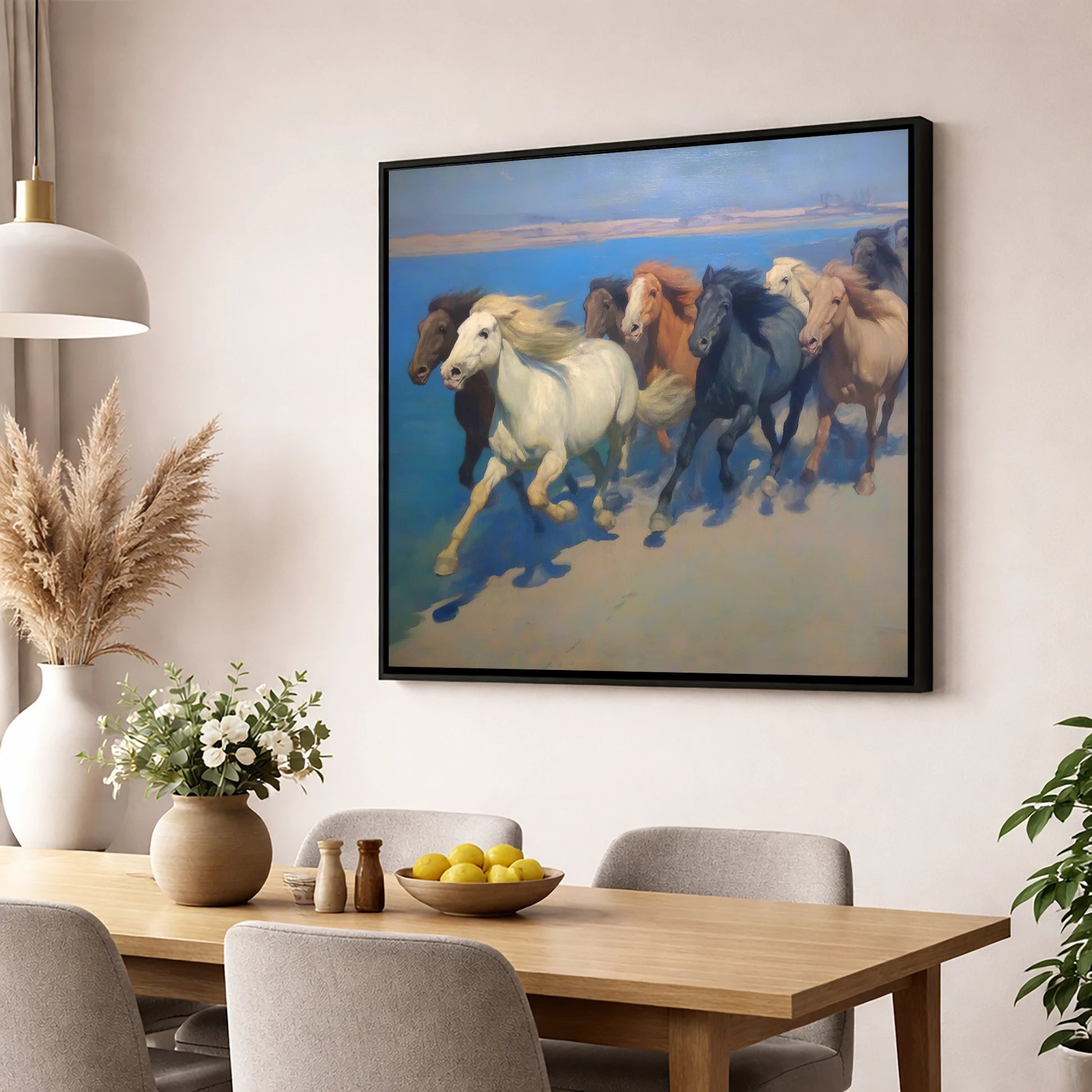 Azure Coastal Gallop wild horses wall art displayed in a dining room
