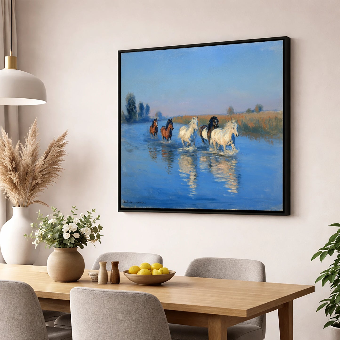 Through the Cerulean Shallows wild horses wall art displayed in a dining room