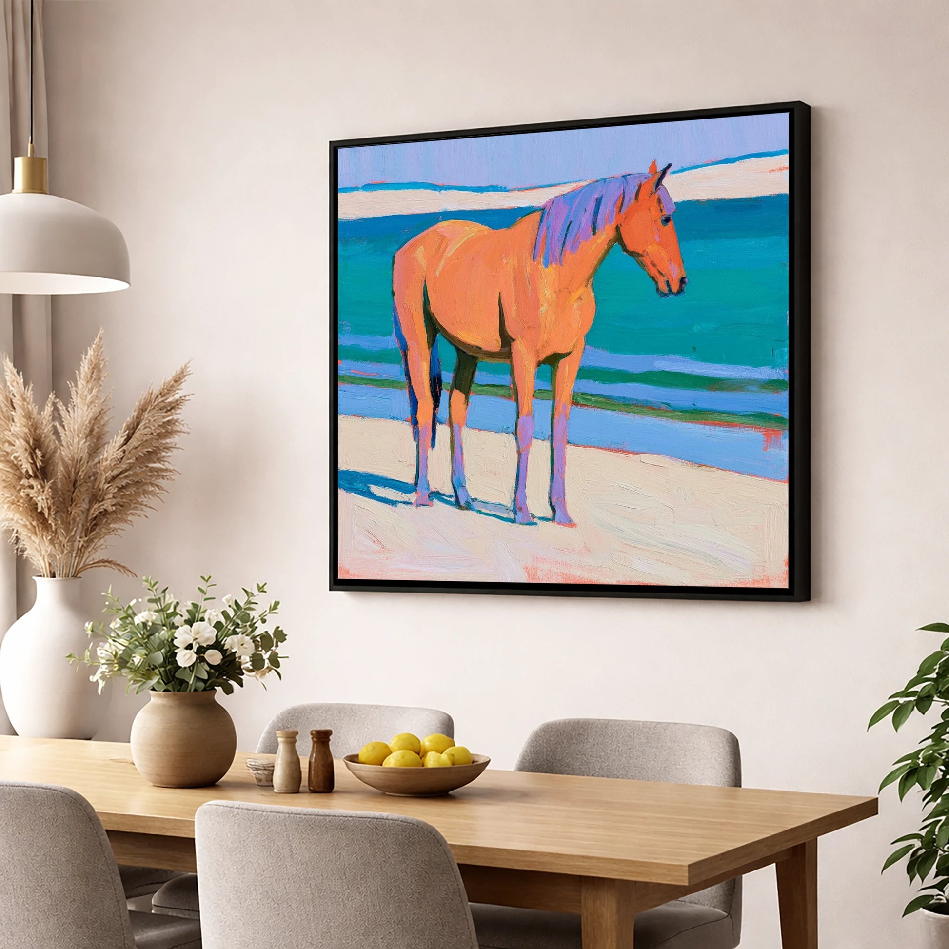 Vivid Coastal Equine horse landscape wall art displayed in a dining room