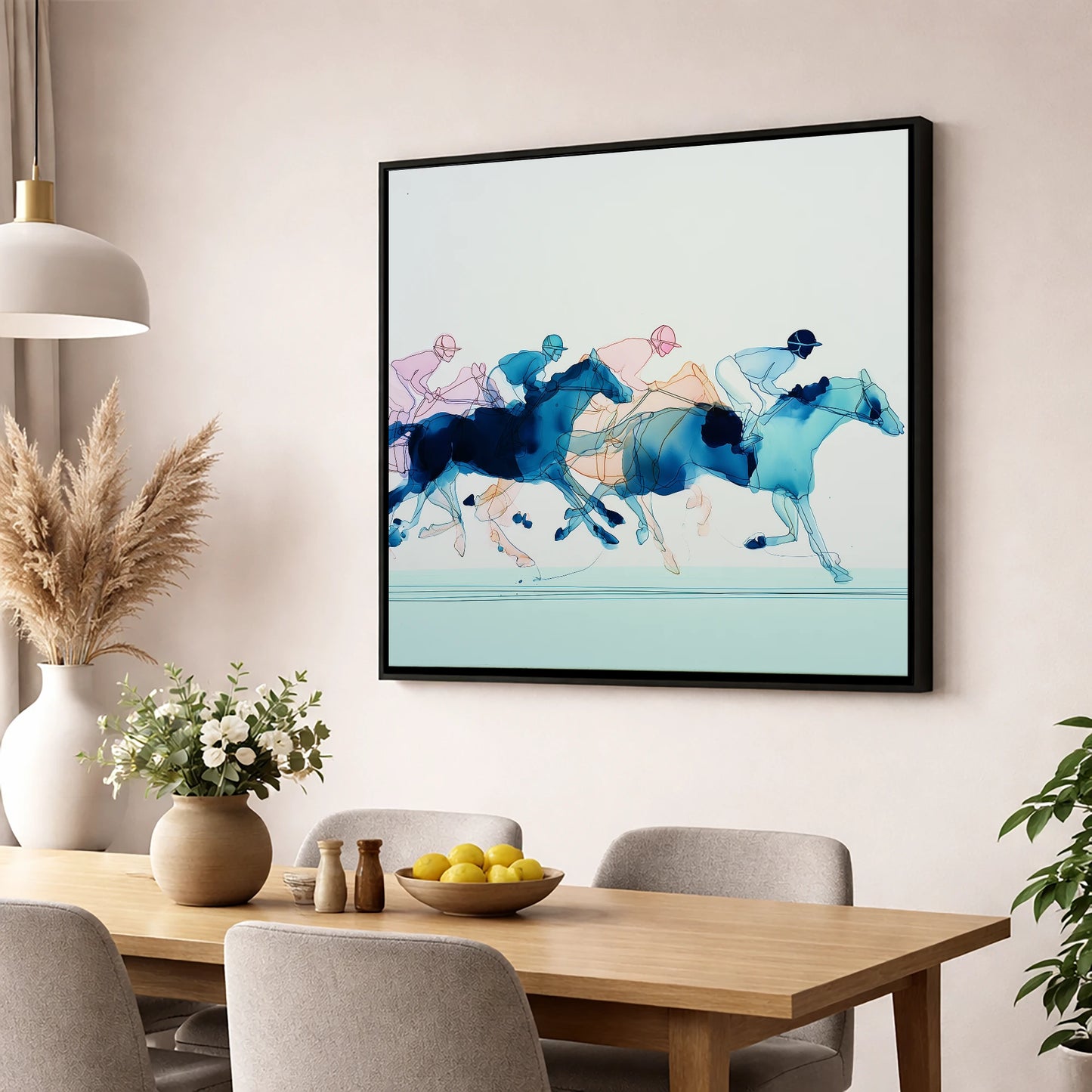 Fluid Racing Strides racing horse wall art displayed in a dining room
