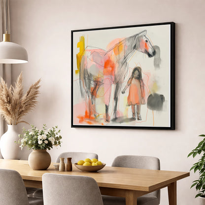 Vibrant First Bond horse & rider wall art displayed in a dining room