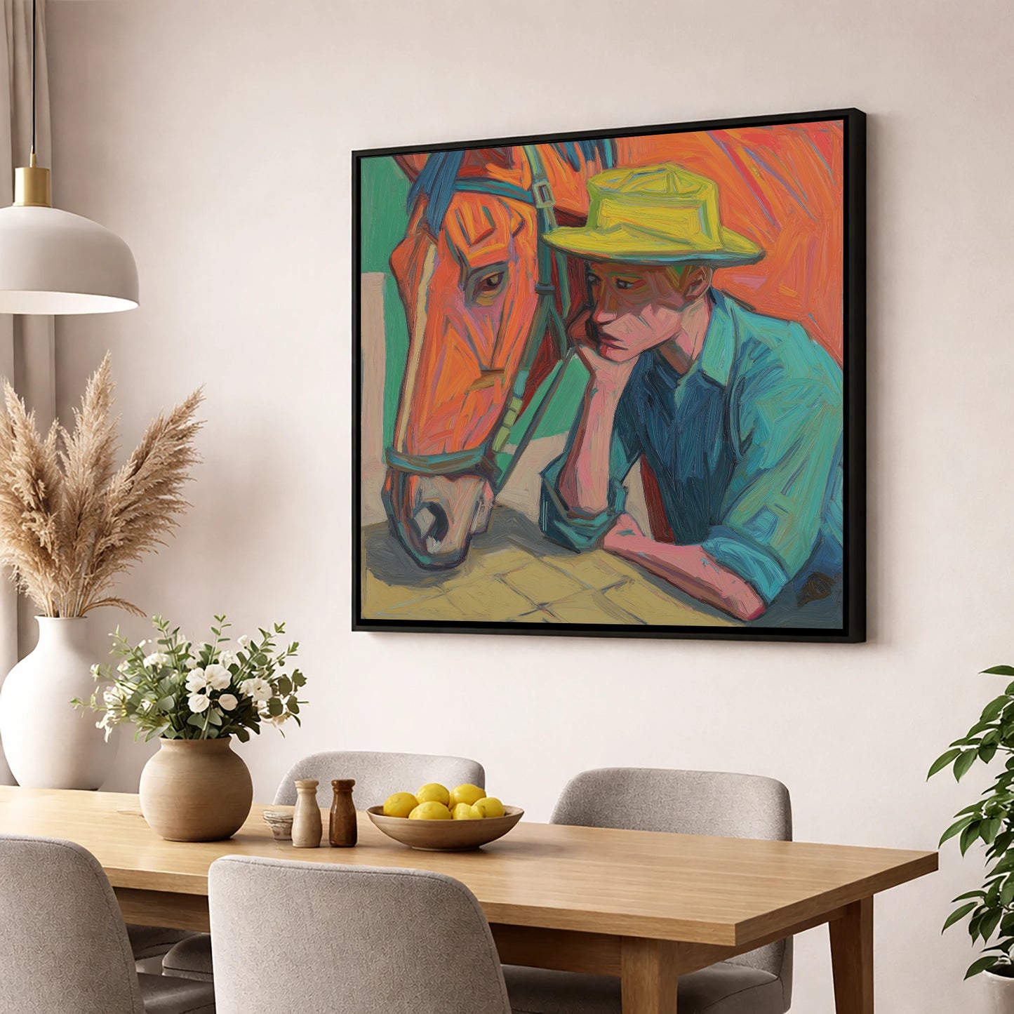 Quiet Companionship horse & rider wall art displayed in a dining room