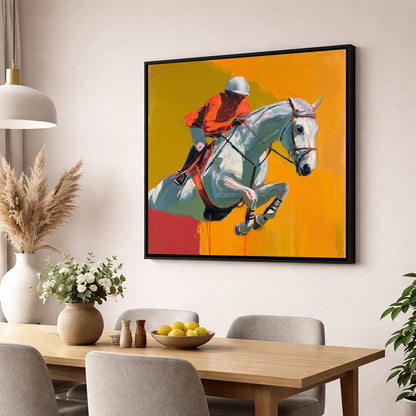 Airborne Over Gold show jumping horse wall art displayed in a dining room