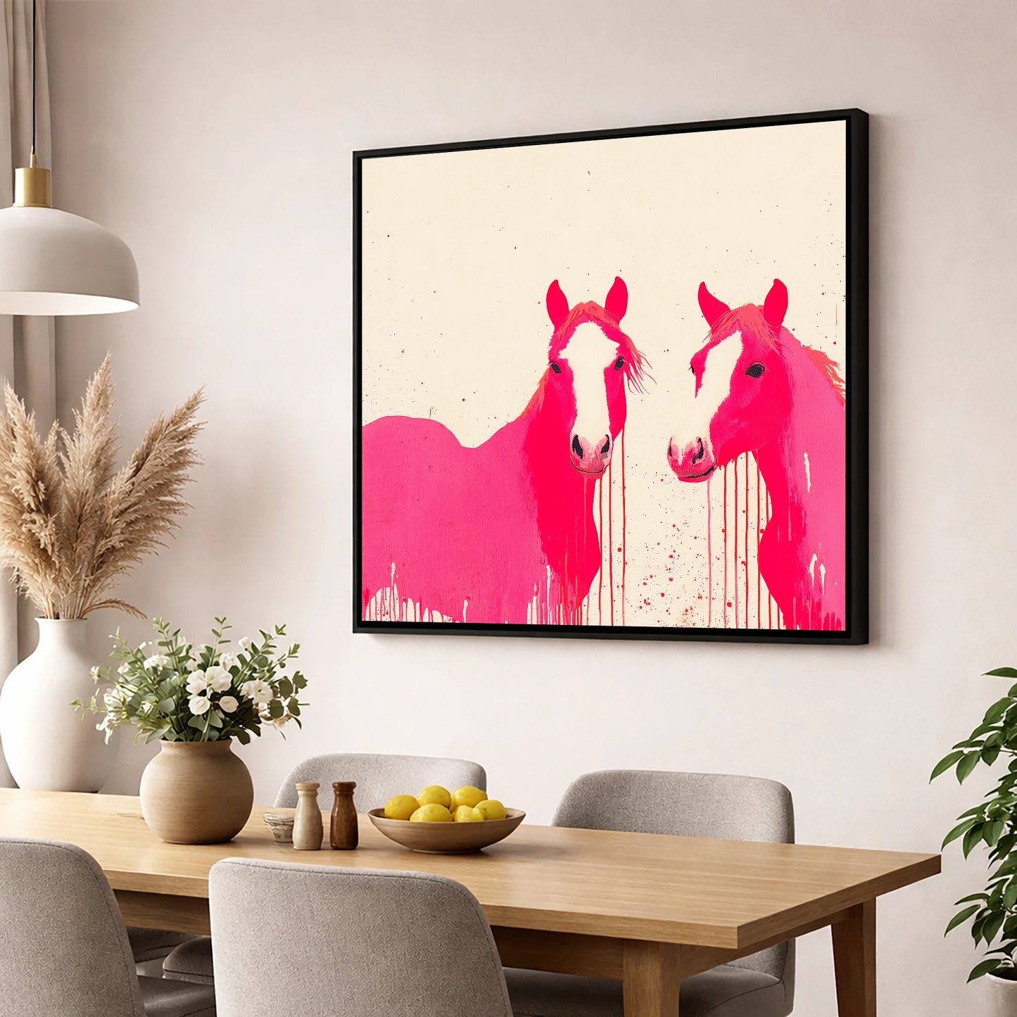 Vivid Pink Companions horse landscape wall art displayed in a dining room