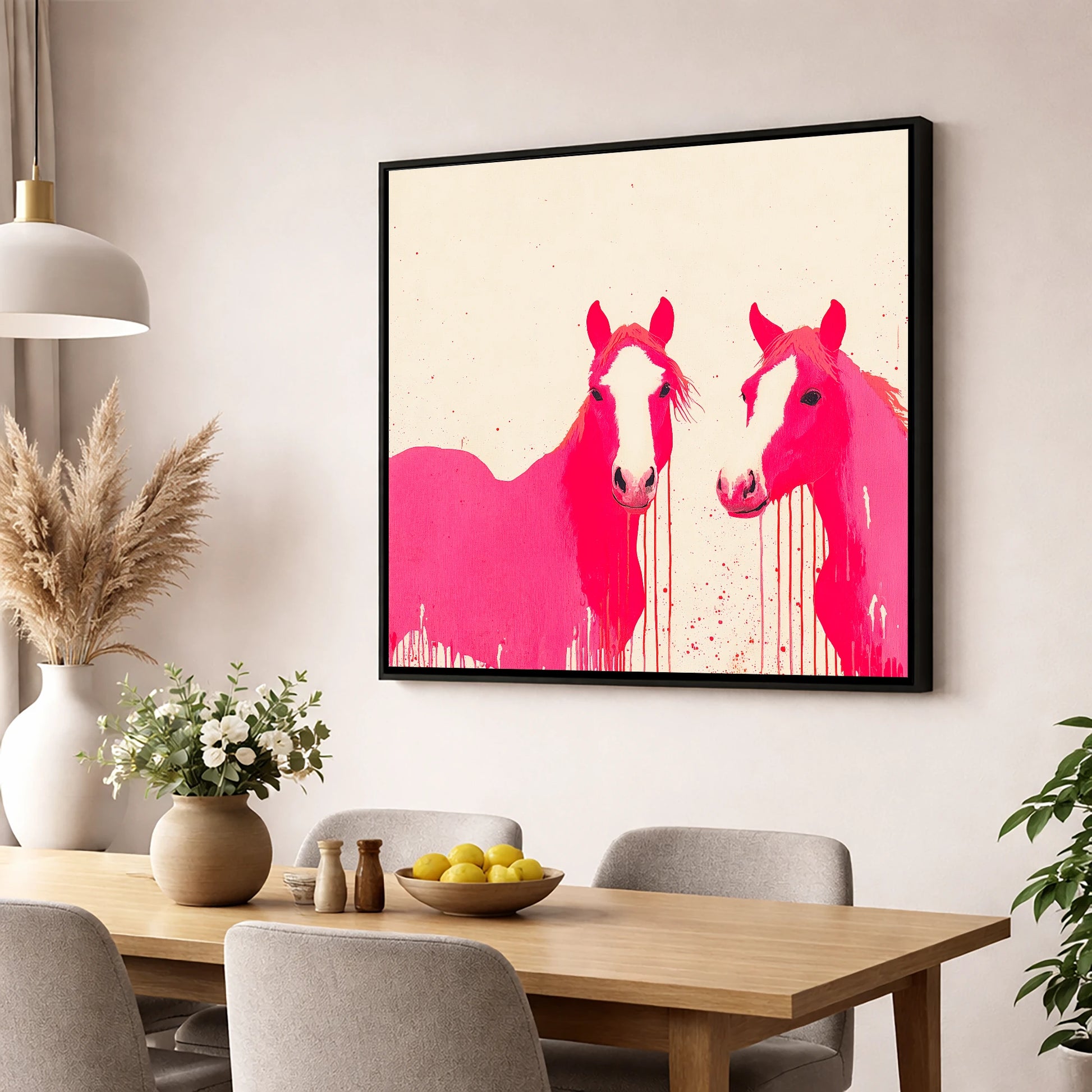 Vivid Pink Companions horse landscape wall art displayed in a dining room