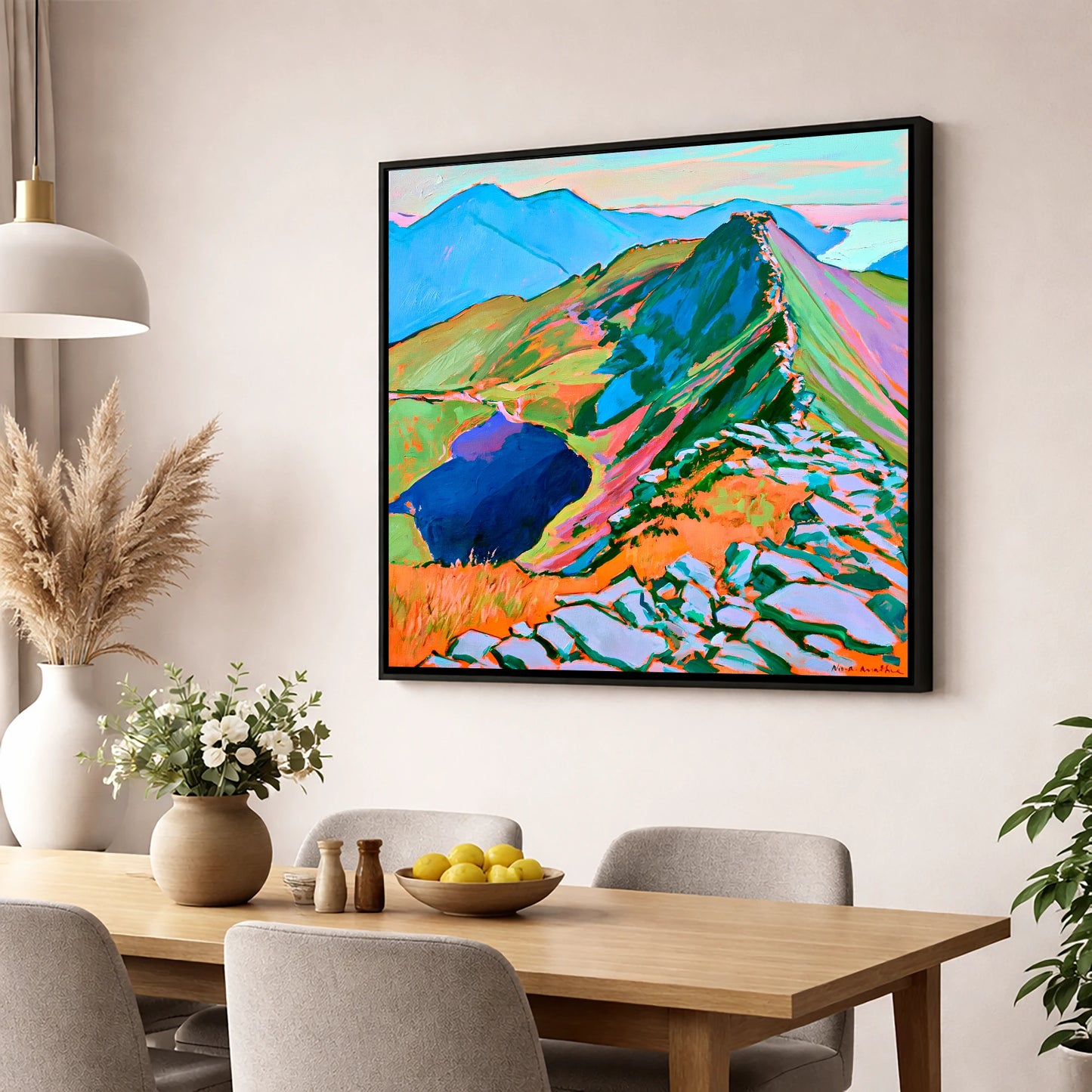 Vibrant Mountain Ridge Landscape horse landscape wall art displayed in a dining room