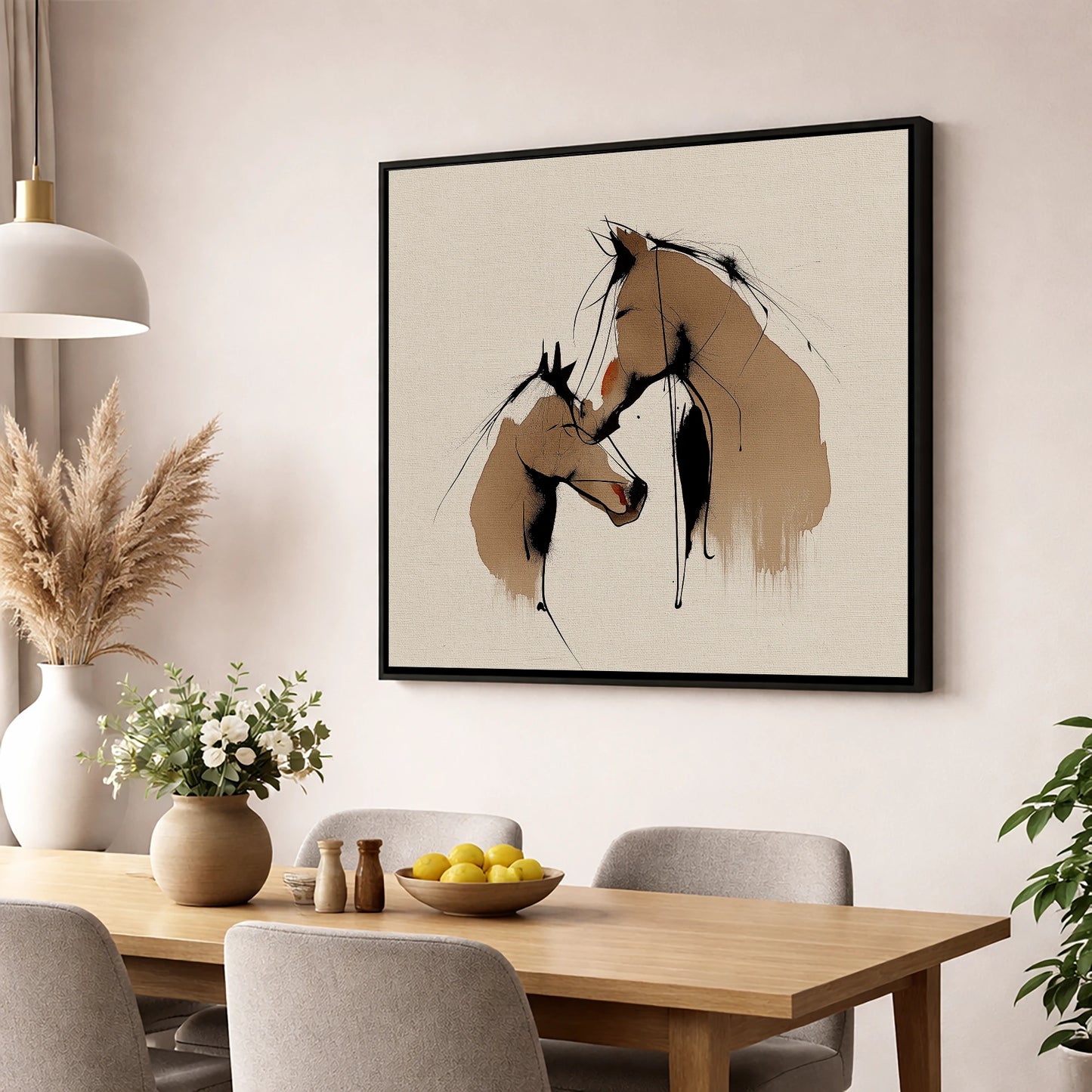 Tender Whispers mare & foal wall art displayed in a dining room