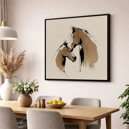 Tender Whispers mare & foal wall art displayed in a dining room