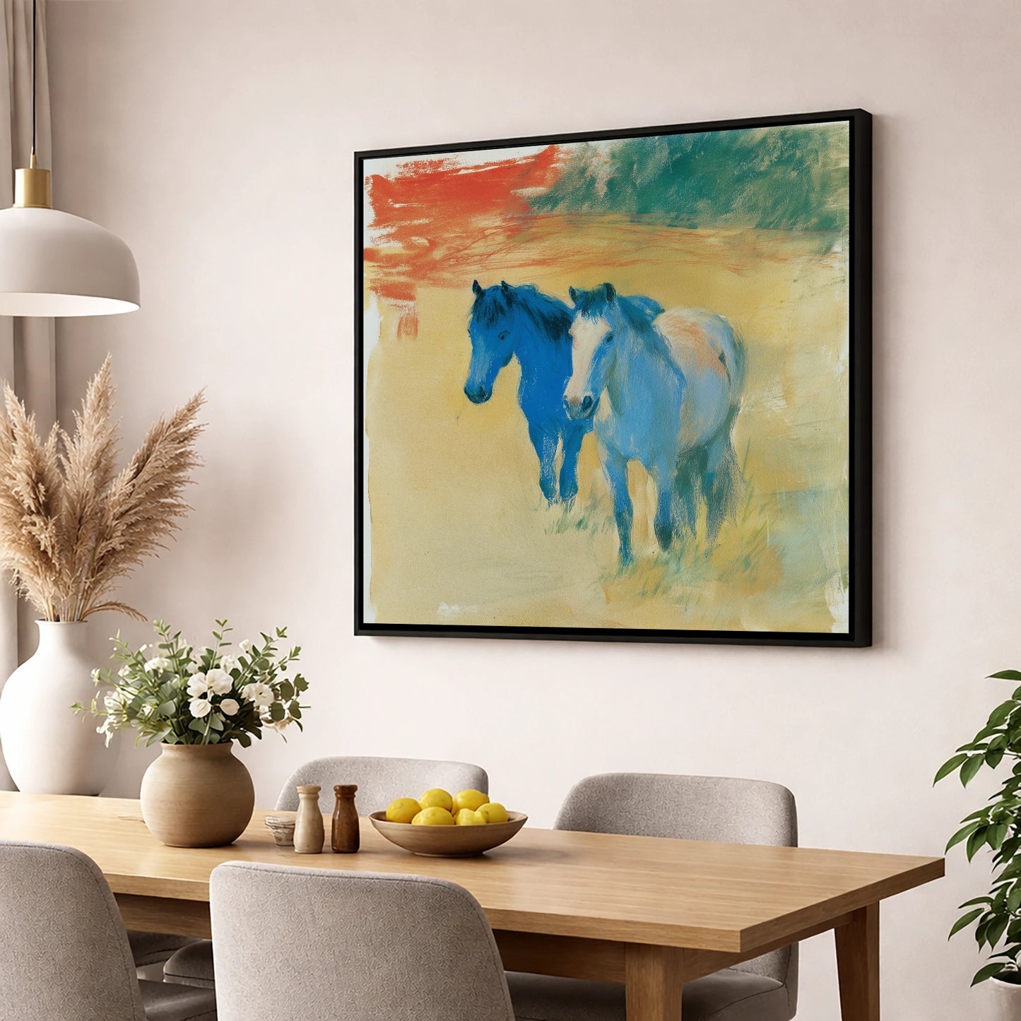 Cobalt Companions horse landscape wall art displayed in a dining room