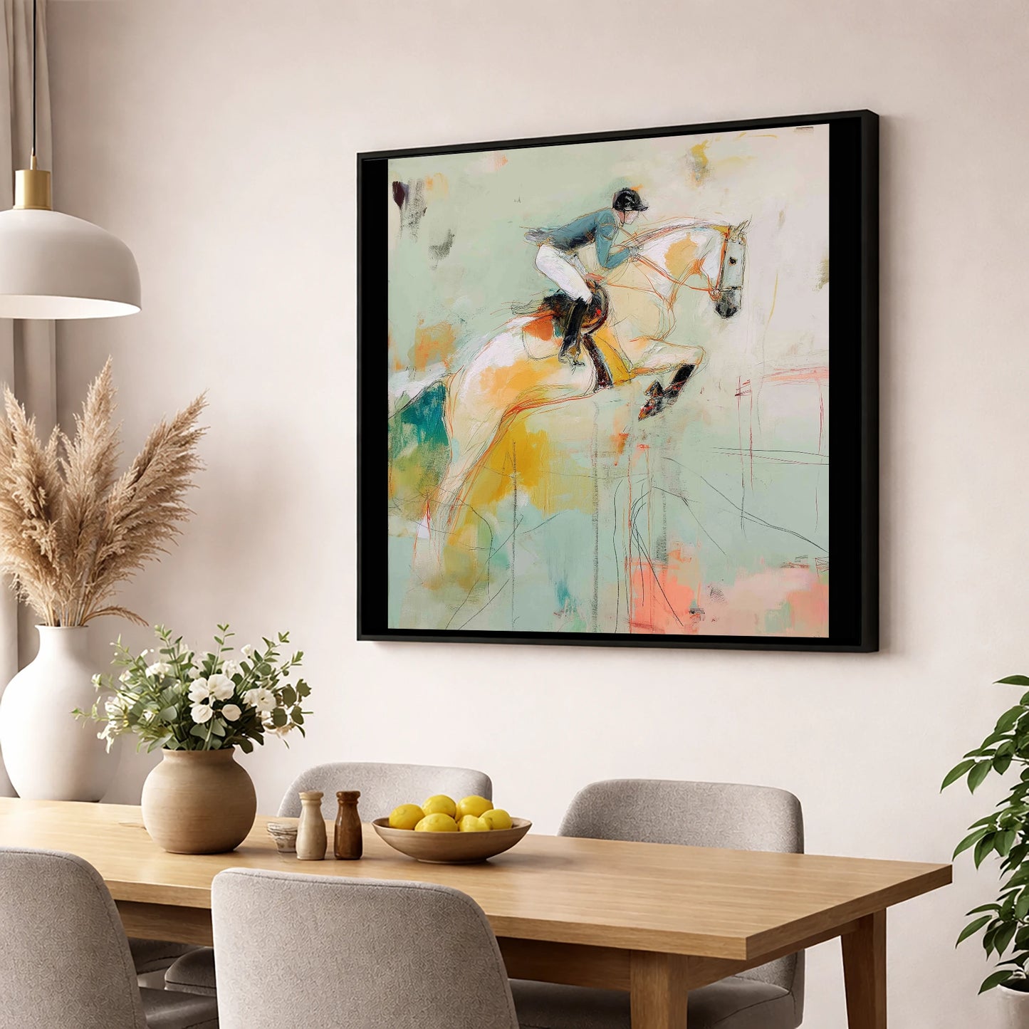 The Perfect Stride show jumping horse wall art displayed in a dining room