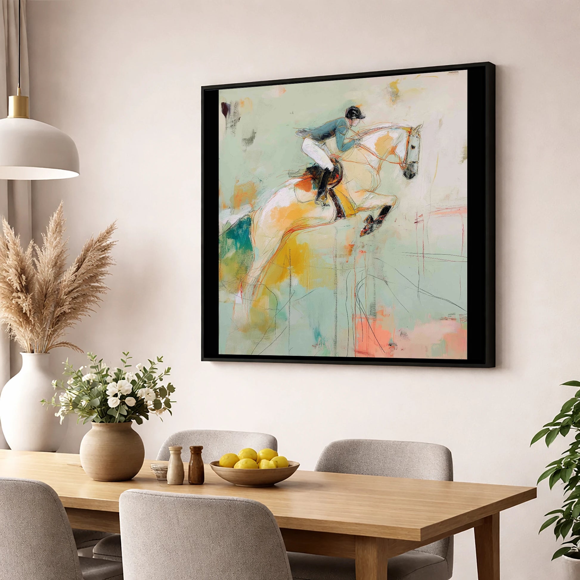 The Perfect Stride show jumping horse wall art displayed in a dining room