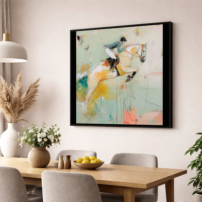 The Perfect Stride show jumping horse wall art displayed in a dining room