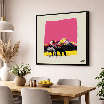 Vibrant Mountain Pastures horse landscape wall art displayed in a dining room