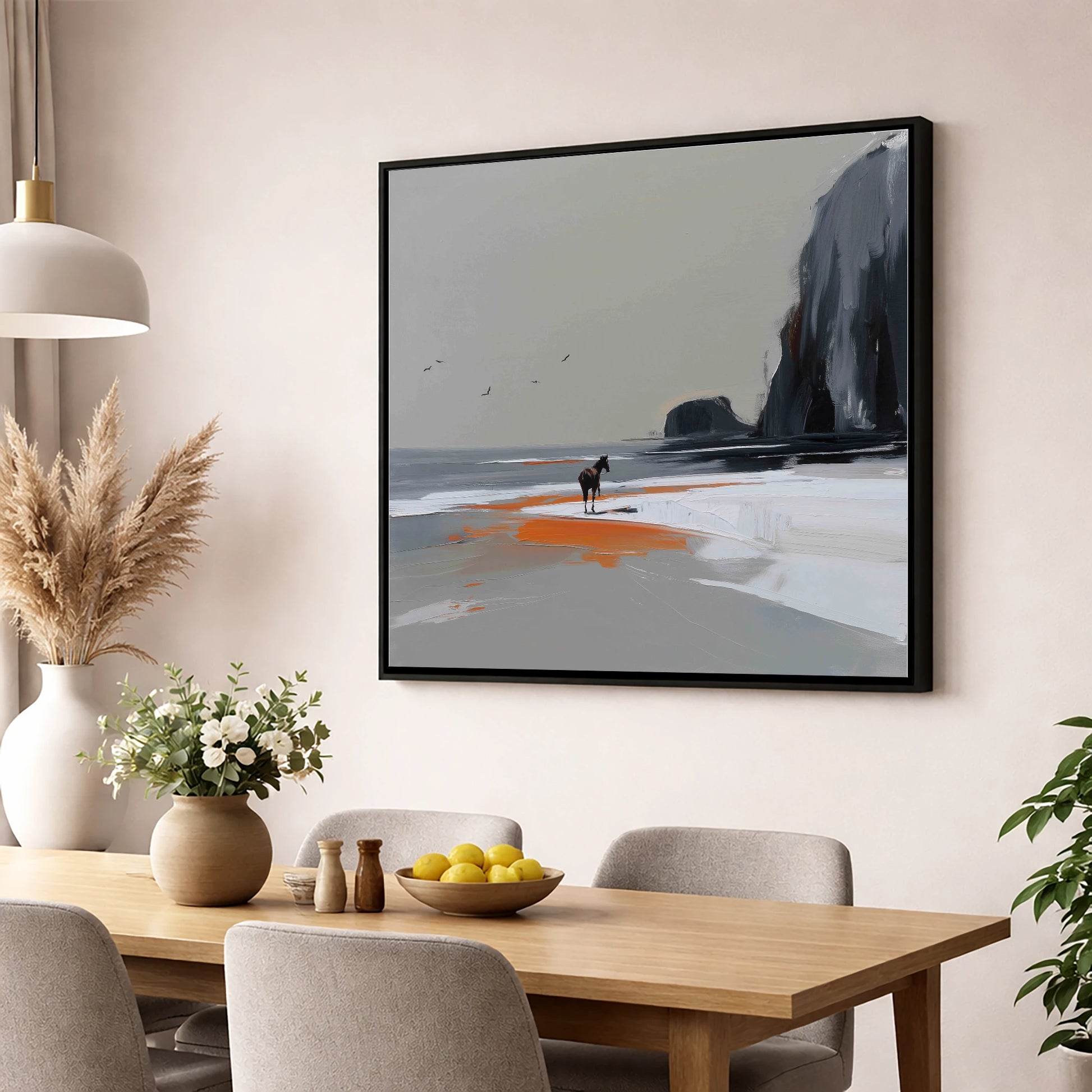 Solitary Shoreline horse landscape wall art displayed in a dining room