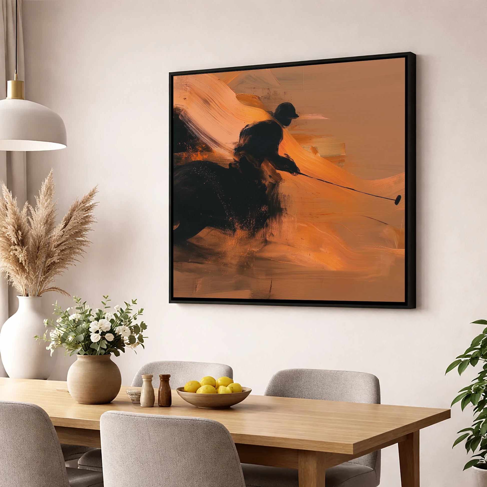 The Decisive Strike polo horse wall art displayed in a dining room