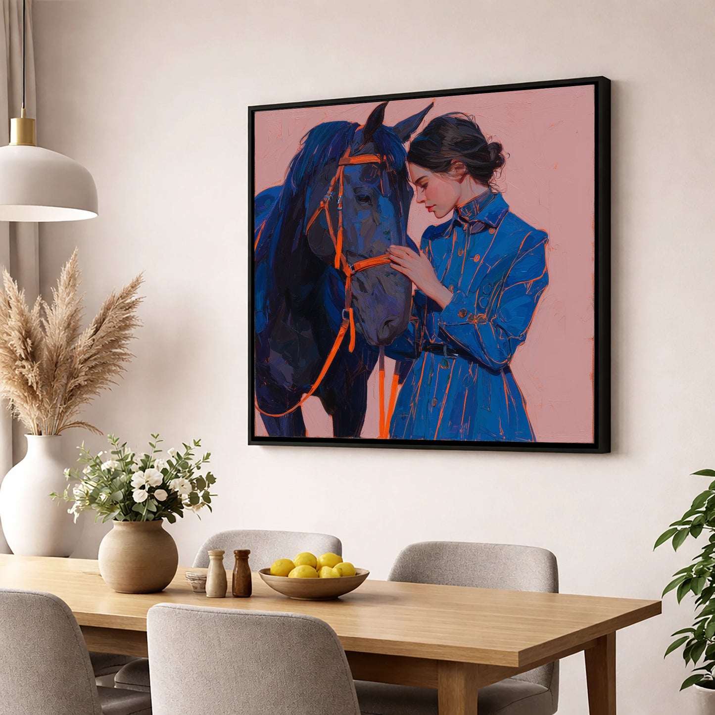 The Indigo Embrace horse & rider wall art displayed in a dining room