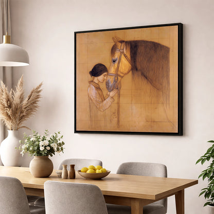 The Silent Bond horse & rider wall art displayed in a dining room