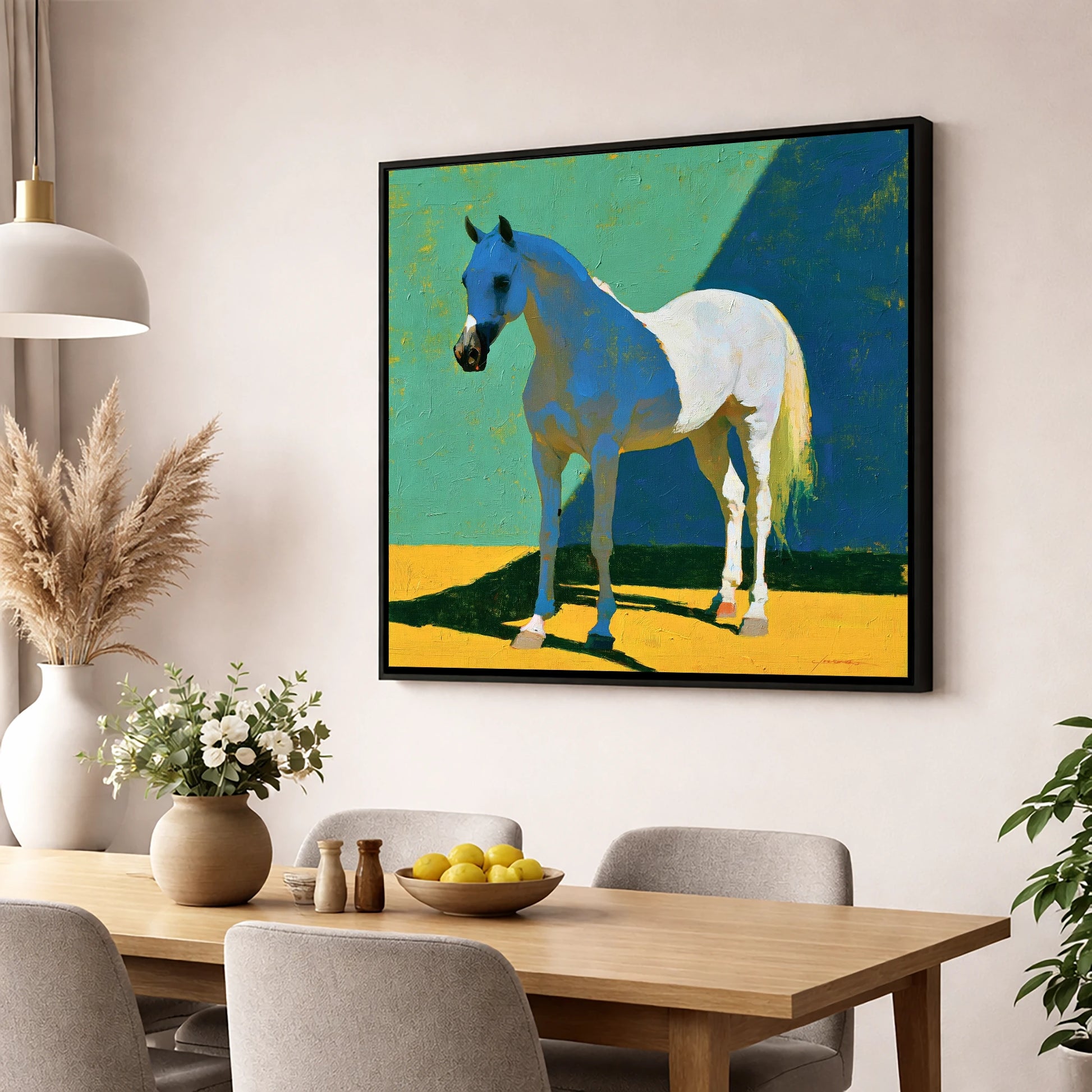 Grey Arabian with Blue Shadows horse breed wall art displayed in a dining room
