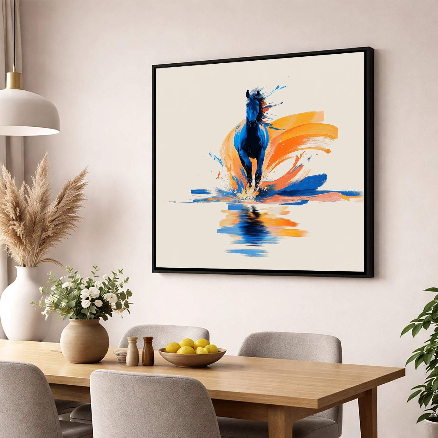 Sapphire Surge wild horses wall art displayed in a dining room
