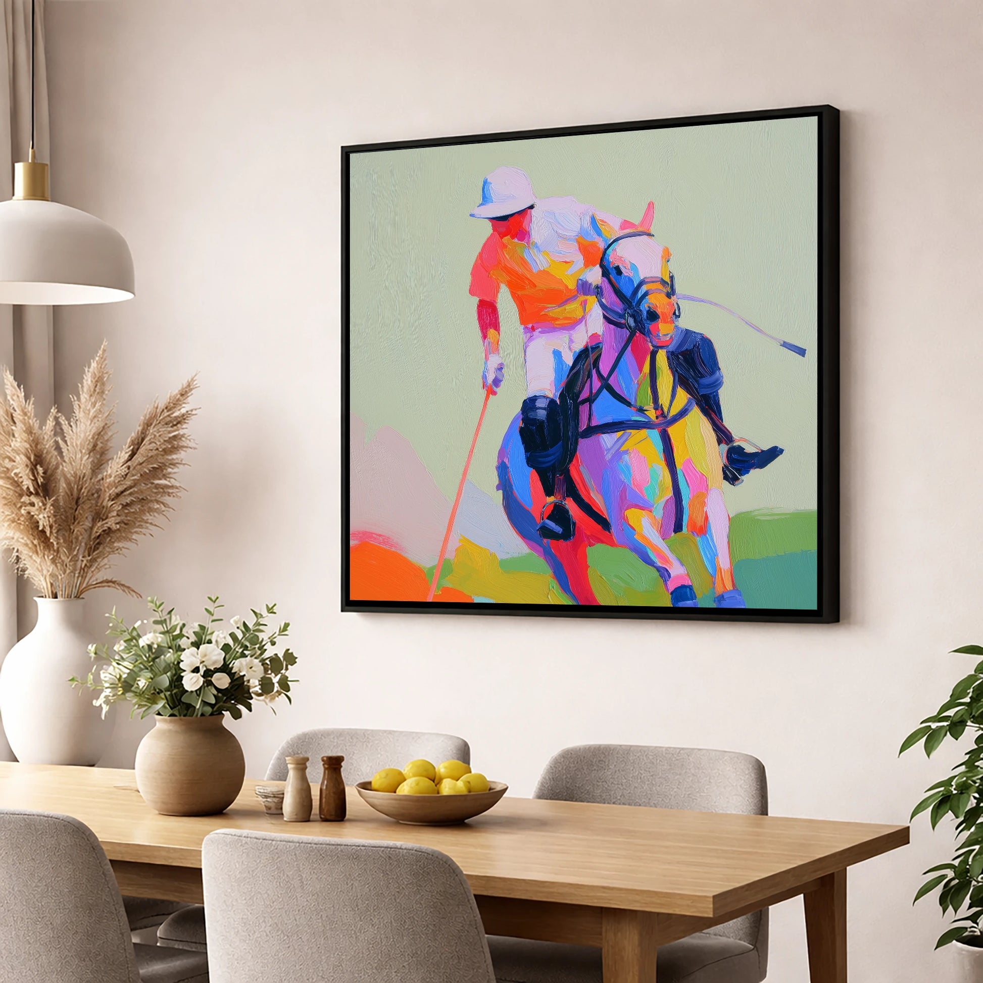Technicolour Drive polo horse wall art displayed in a dining room