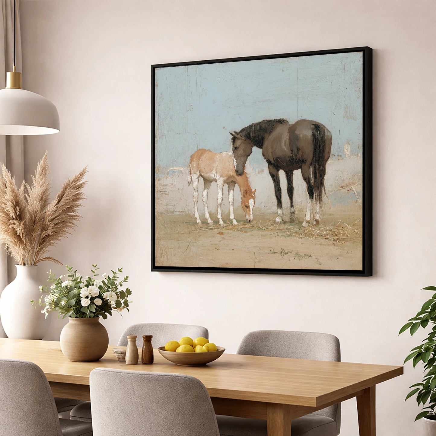 A Quiet Bond mare & foal wall art displayed in a dining room