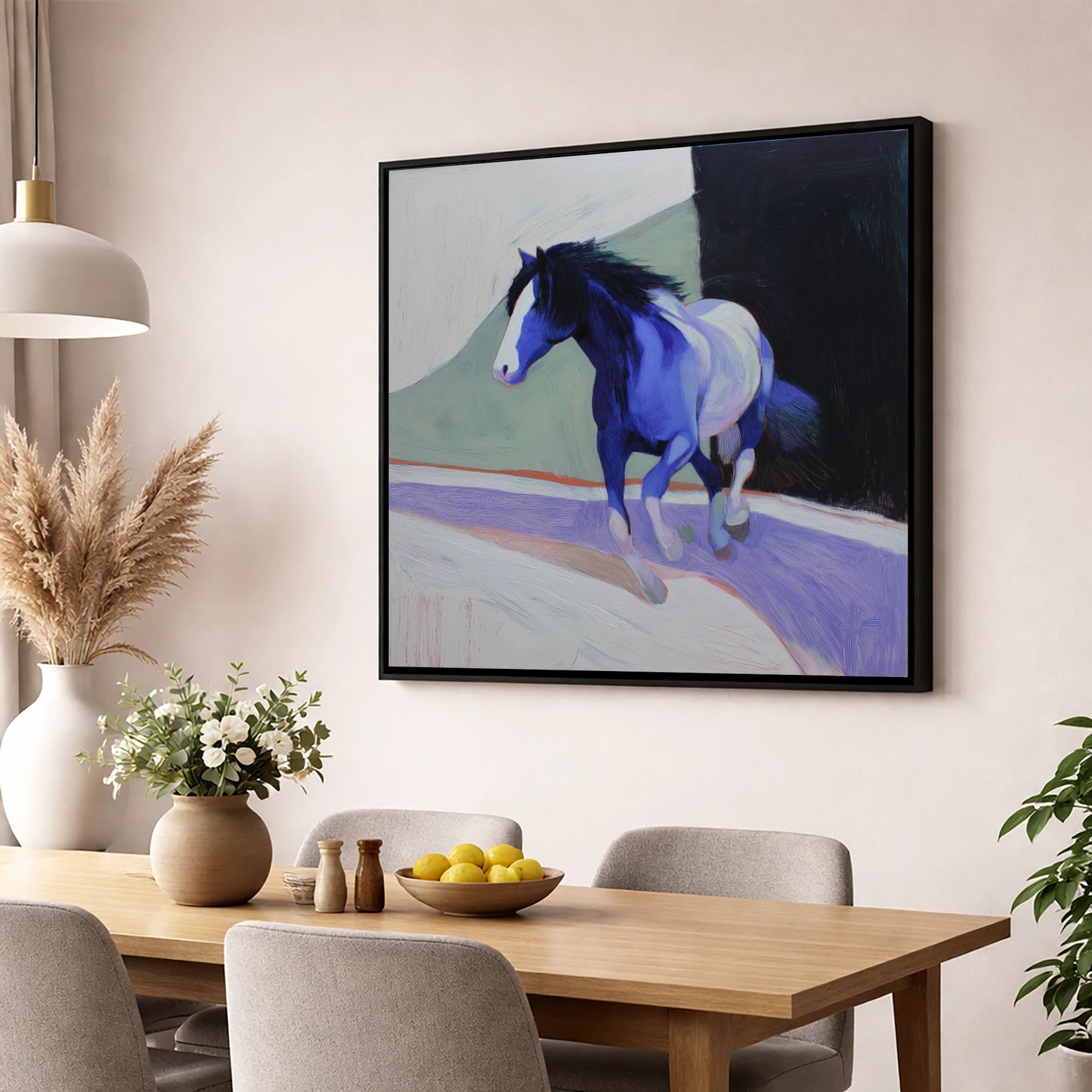 The Cobalt Stride horse portrait wall art displayed in a dining room