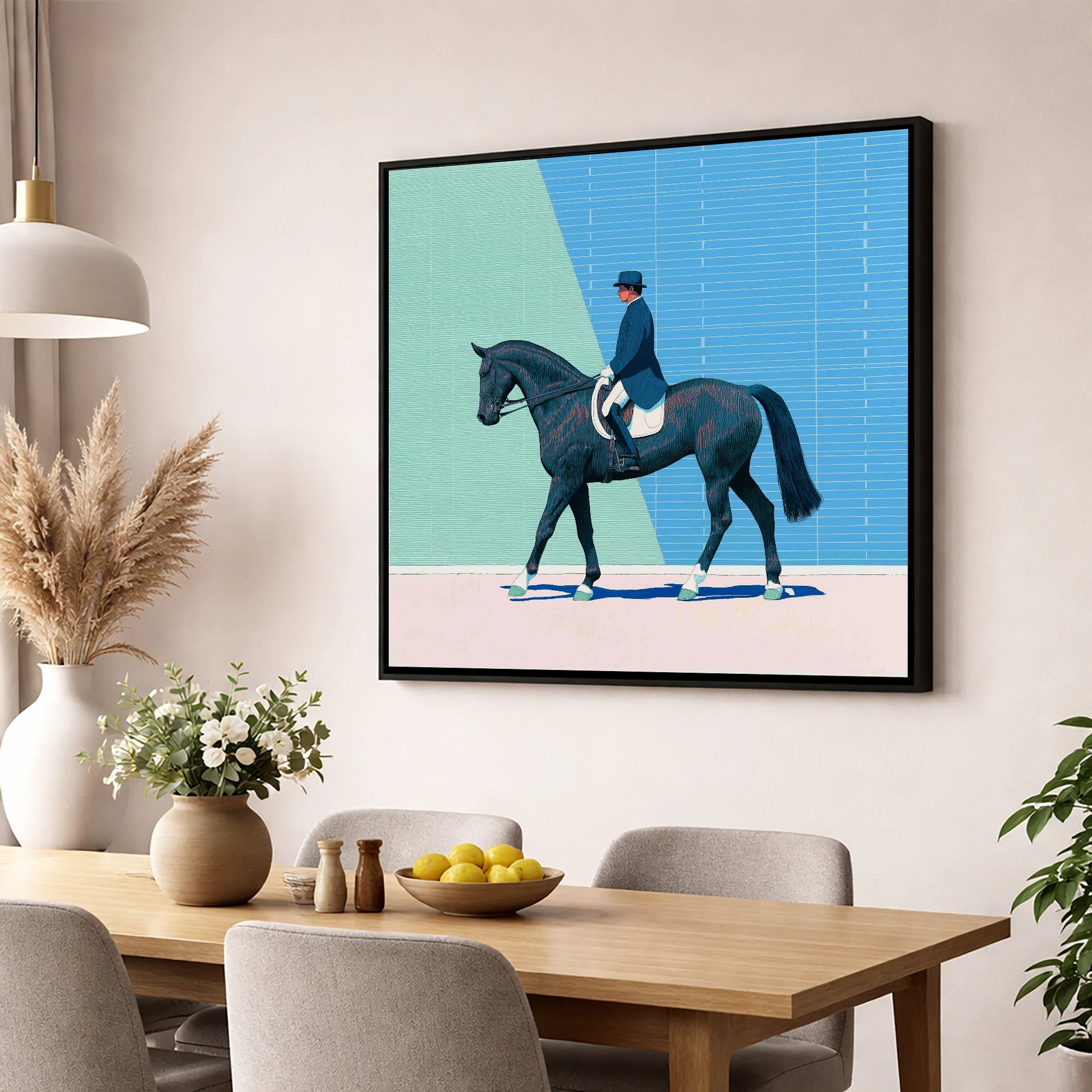 Rhythmic Precision dressage horse wall art displayed in a dining room