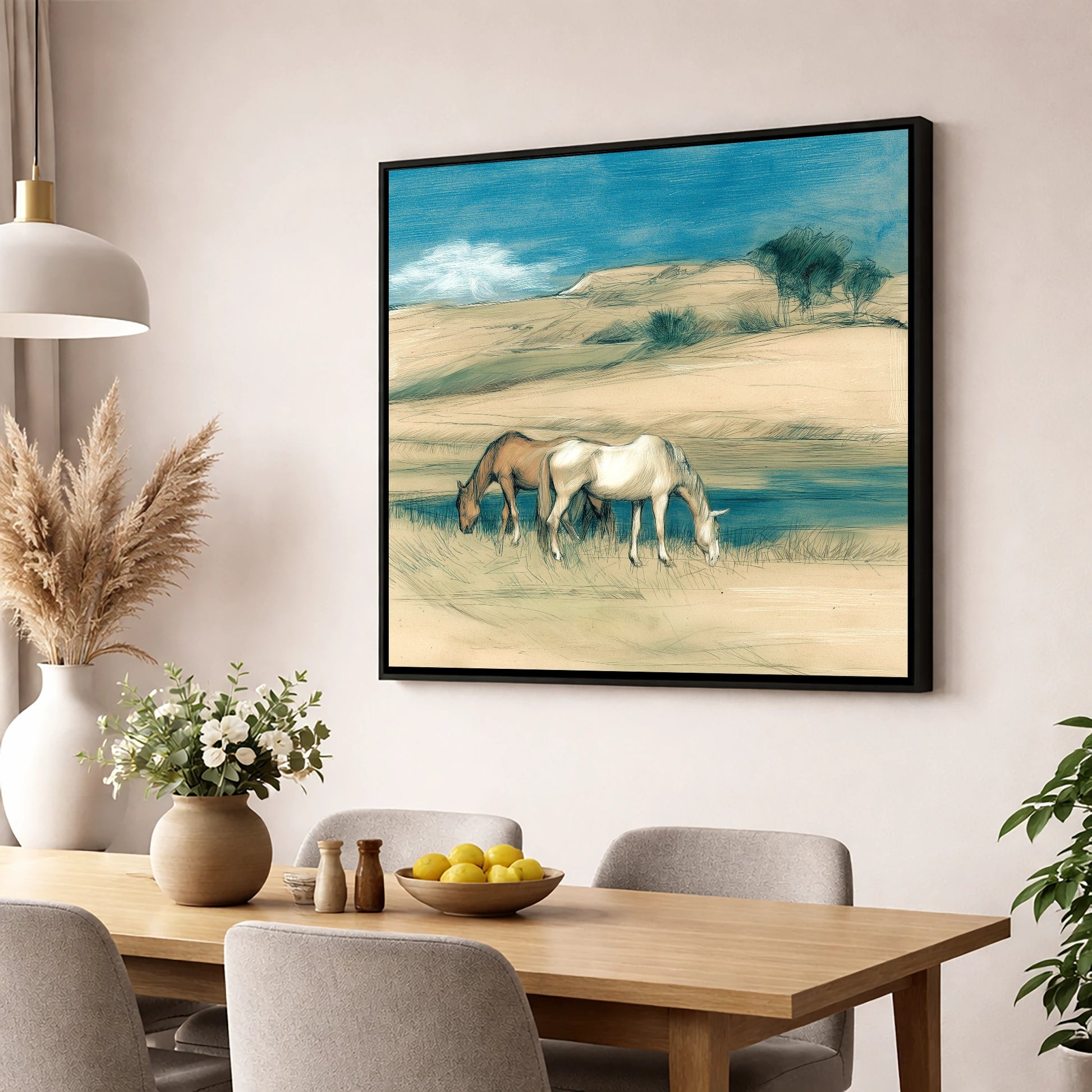 Quiet Companions horse landscape wall art displayed in a dining room