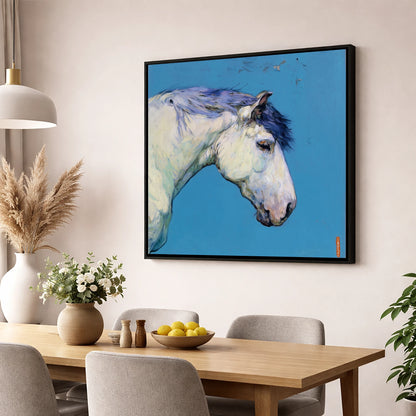 The Azure Grey horse portrait wall art displayed in a dining room