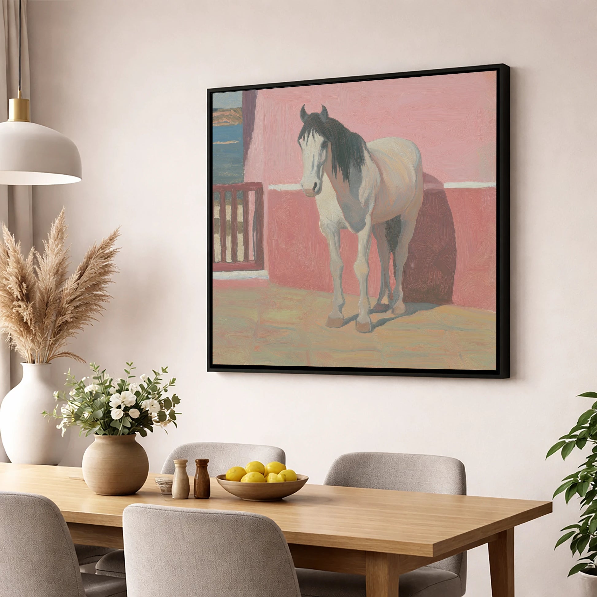 Coastal Courtyard Grey horse breed wall art displayed in a dining room