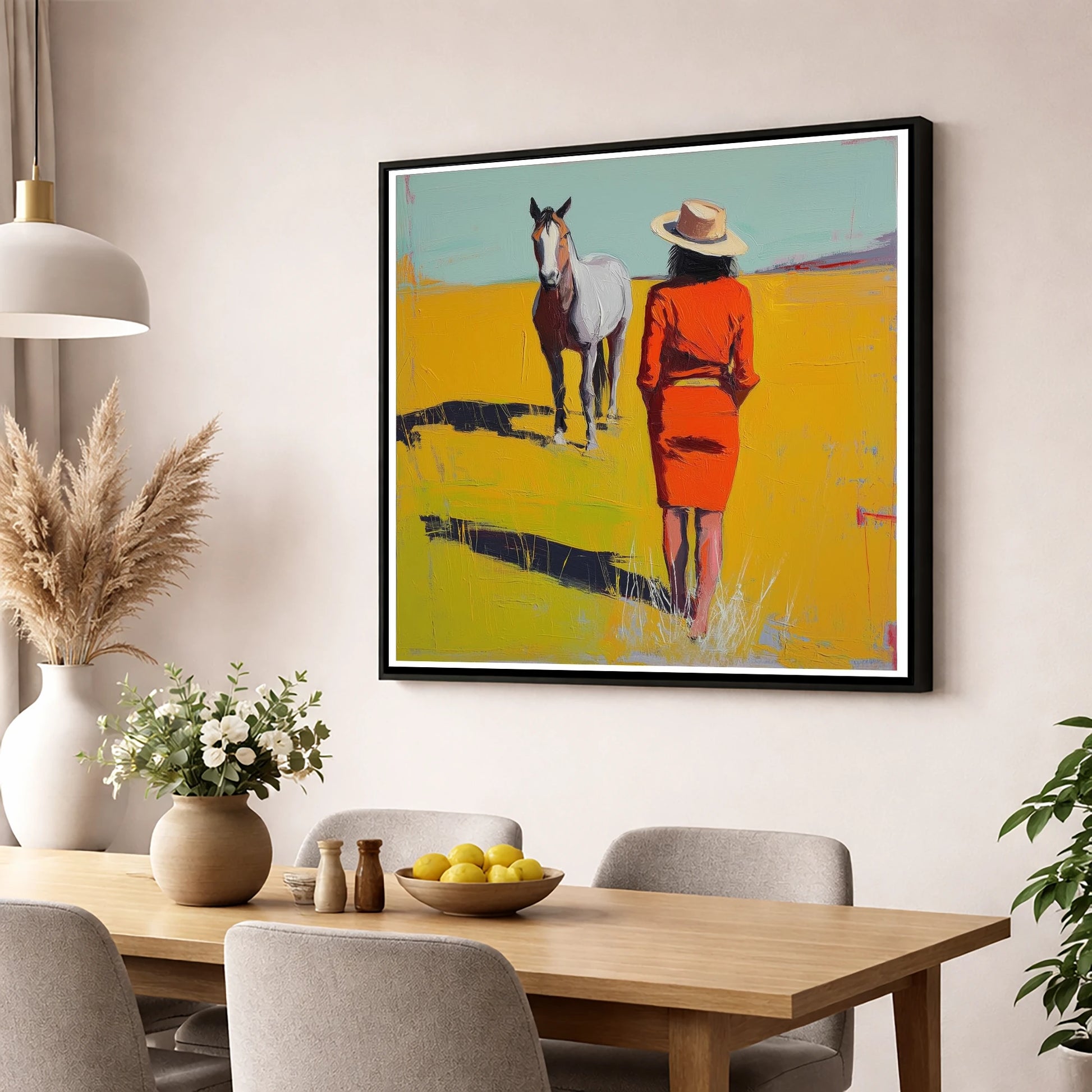 Sunlit Connection horse & rider wall art displayed in a dining room