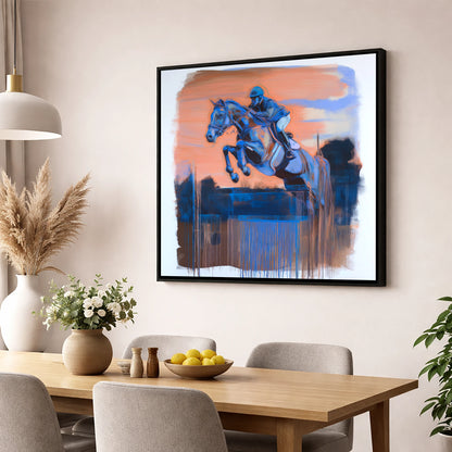 Cobalt Clearance show jumping horse wall art displayed in a dining room