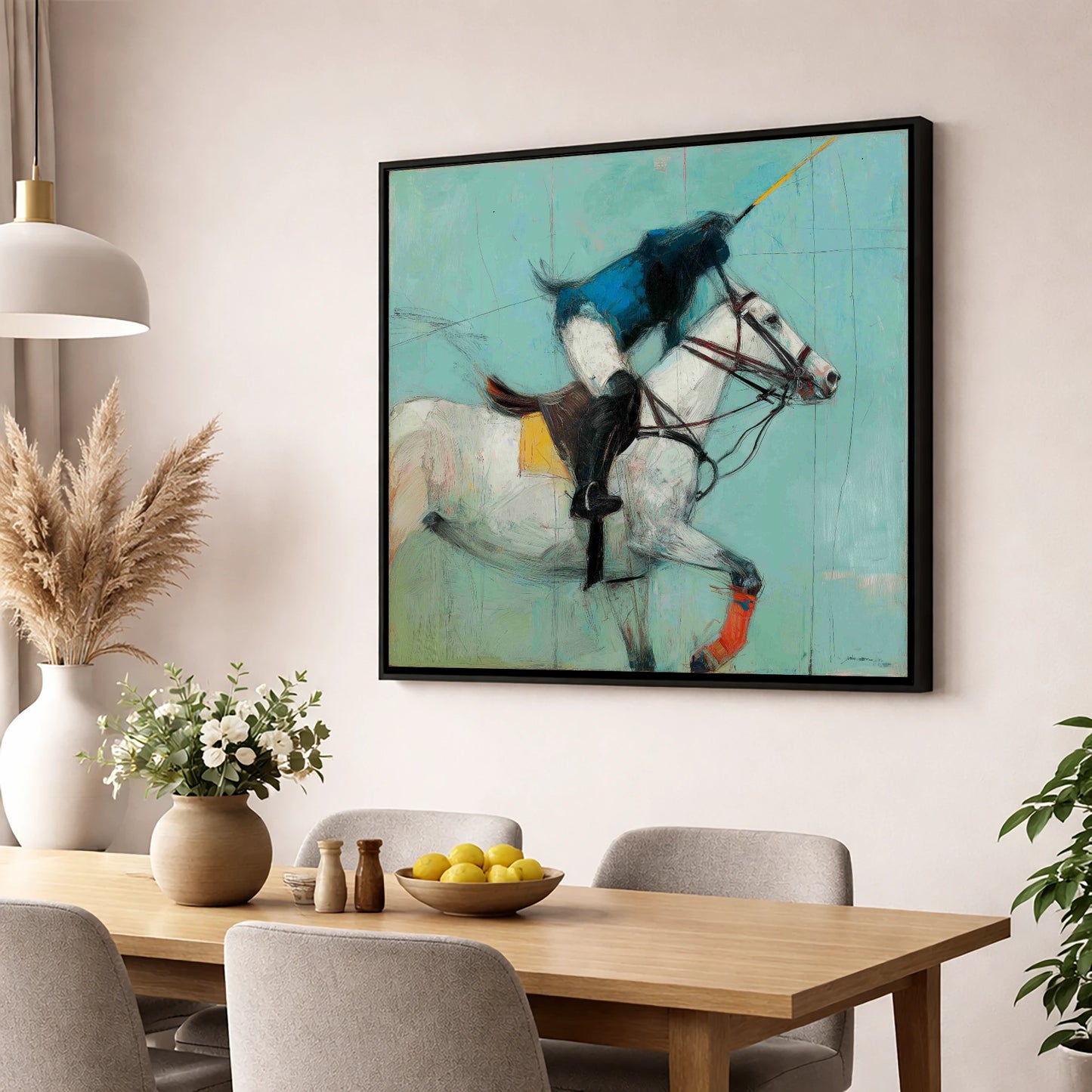 The Final Chukka polo horse wall art displayed in a dining room