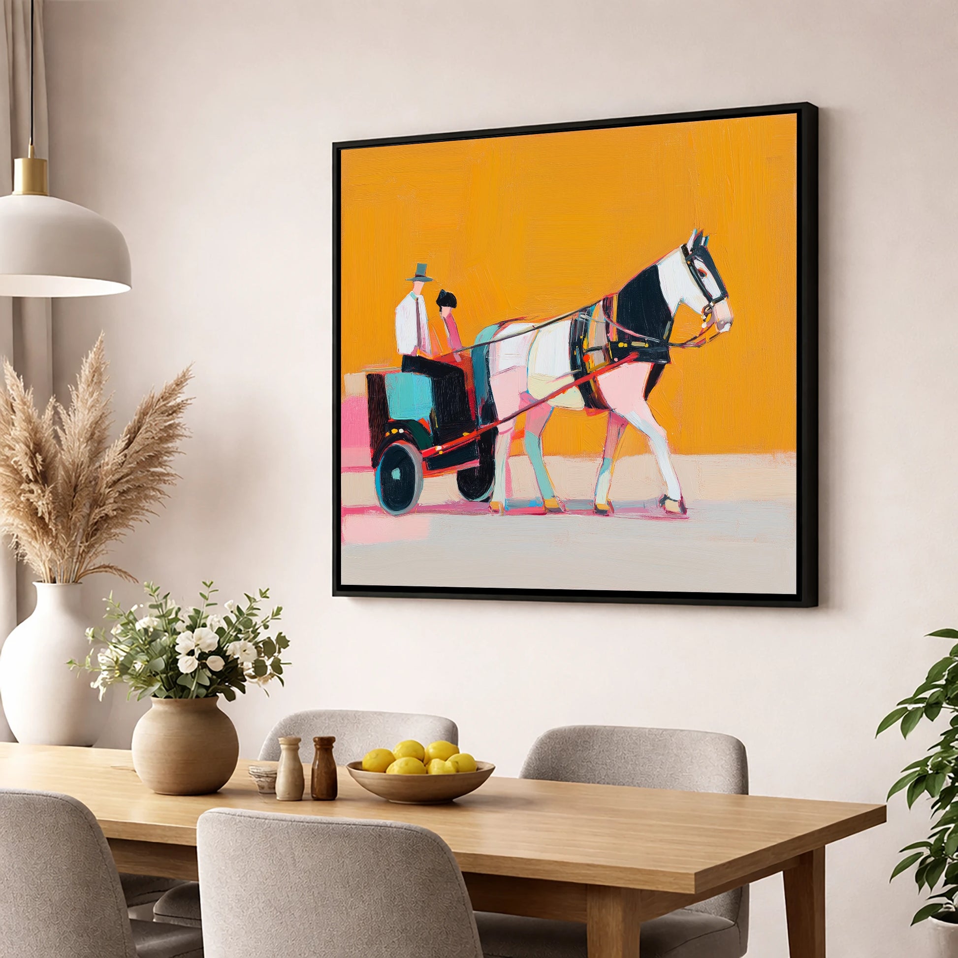 The Bright Turnout working horse wall art displayed in a dining room