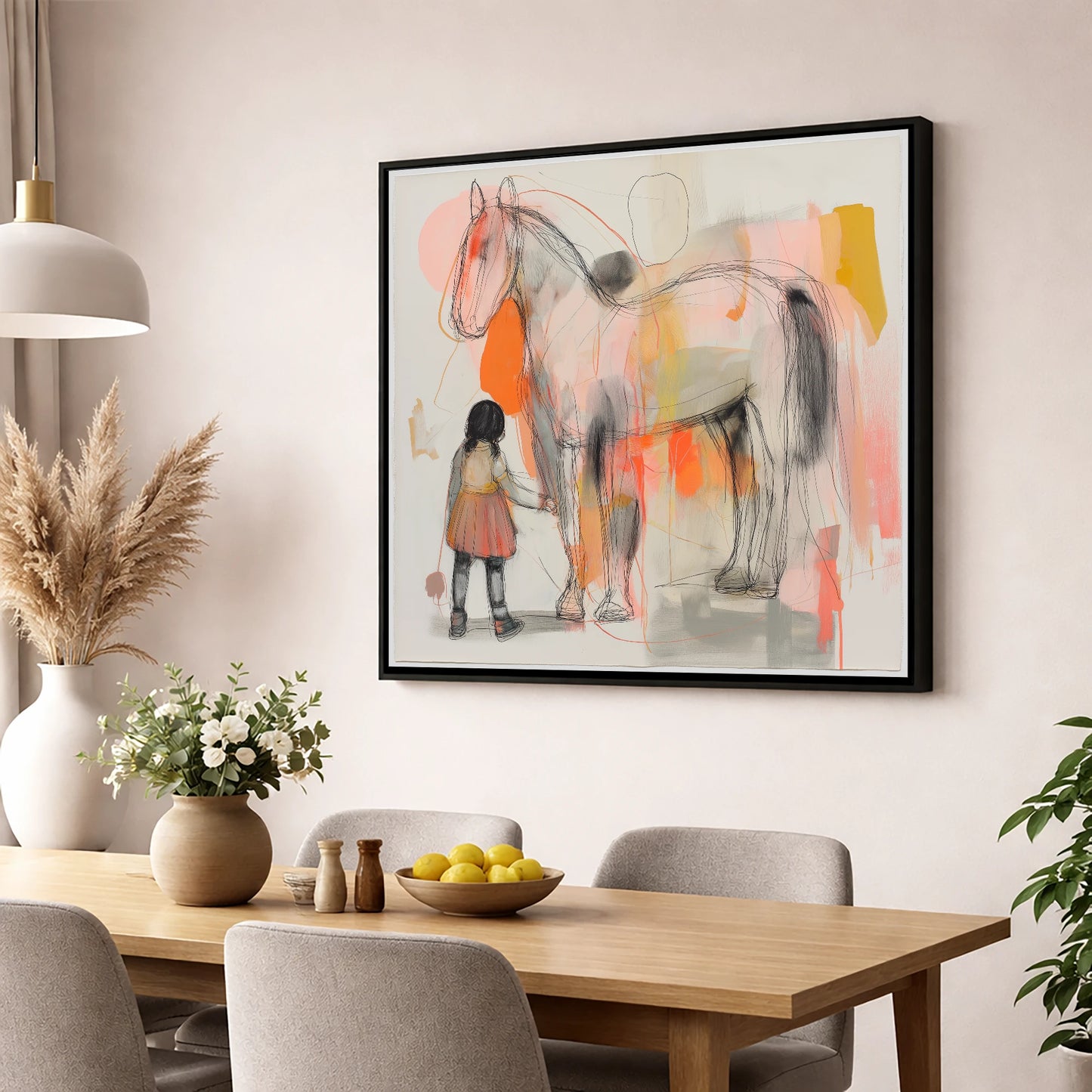 The Gentle Connection horse & rider wall art displayed in a dining room