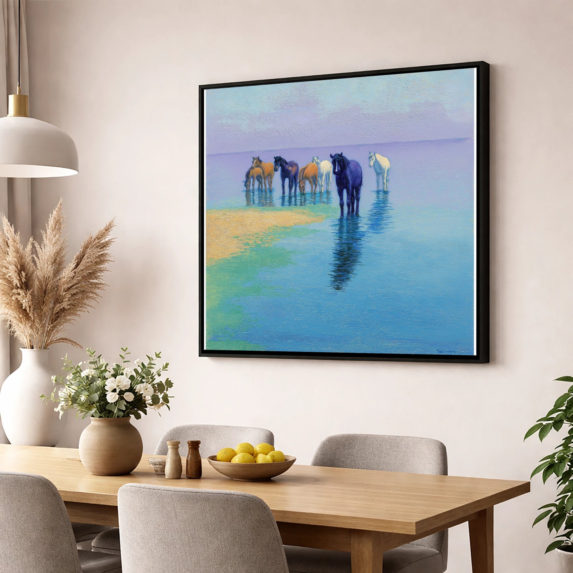 Lavender Shallows wild horses wall art displayed in a dining room