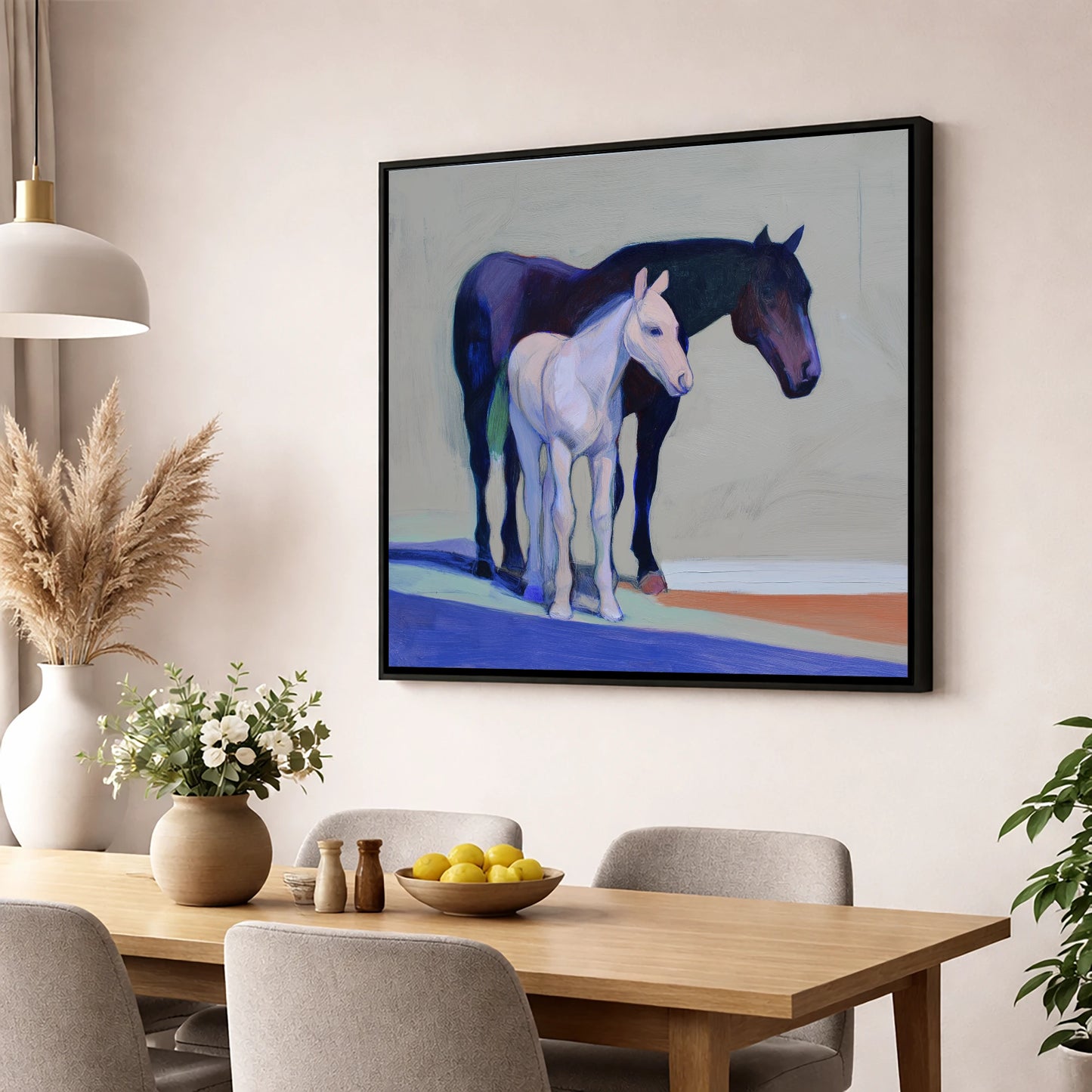 Indigo and Dawn mare & foal wall art displayed in a dining room