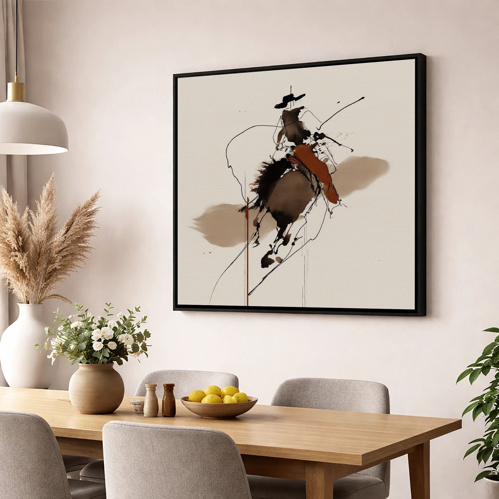Frontier Ink Silhouette western horse wall art displayed in a dining room