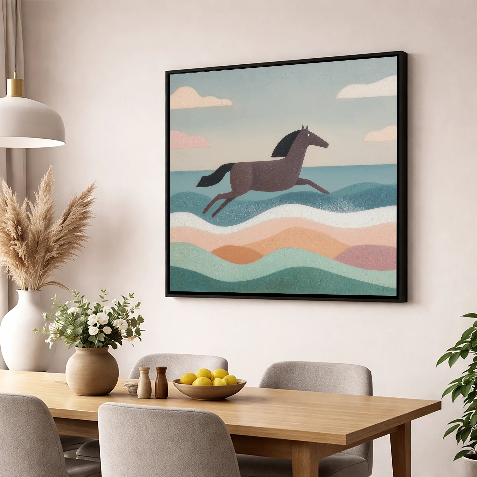 Rhythmic Coastal Canter beach horse wall art displayed in a dining room