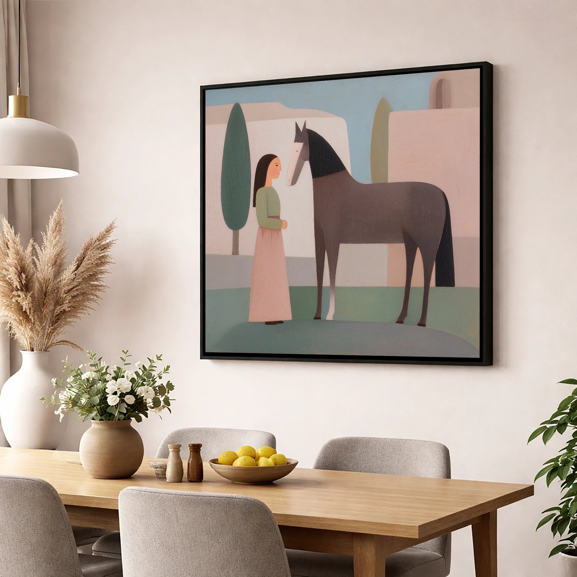 Timeless Connection horse & rider wall art displayed in a dining room