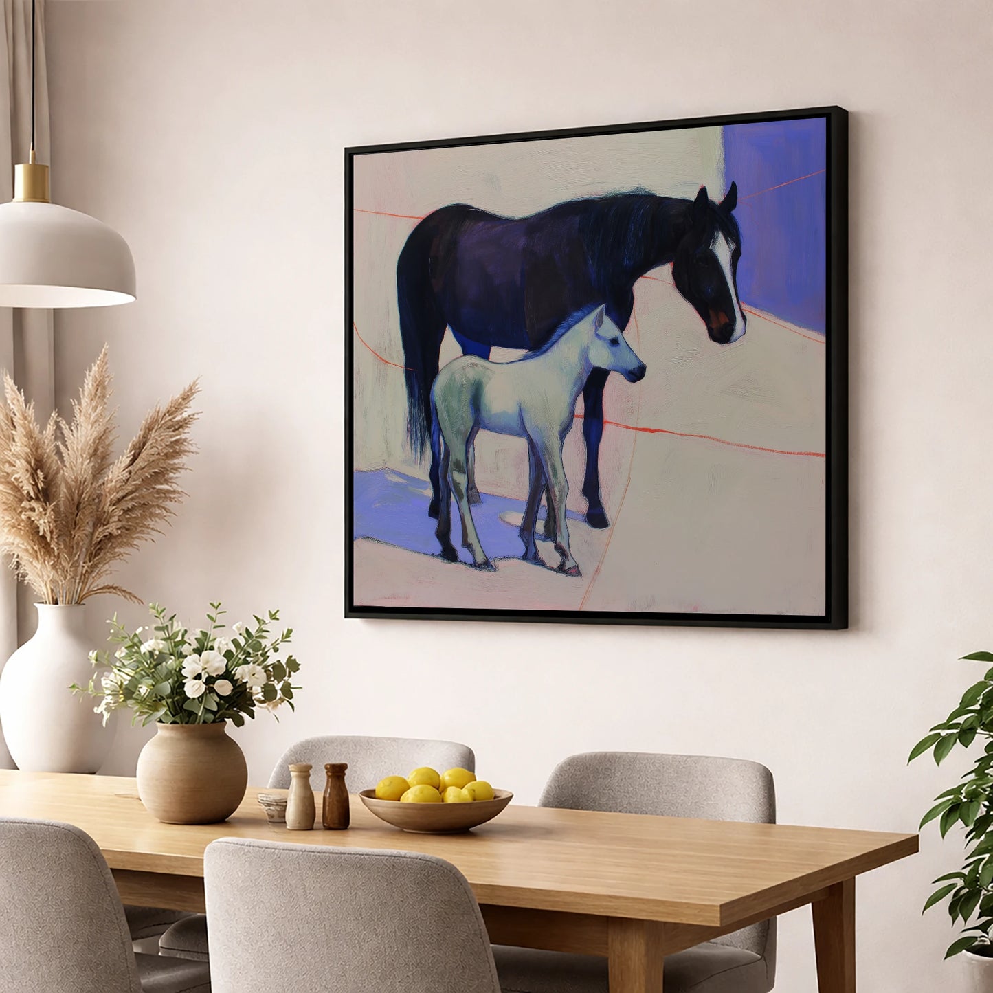 Indigo Shadows mare & foal wall art displayed in a dining room