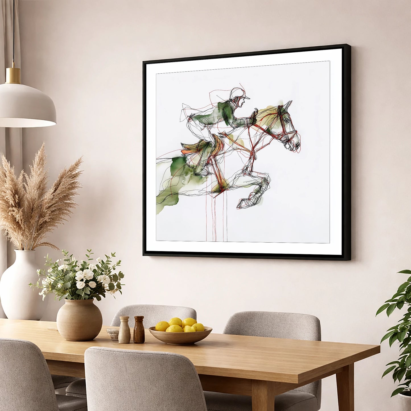 Dynamic Flight show jumping horse wall art displayed in a dining room
