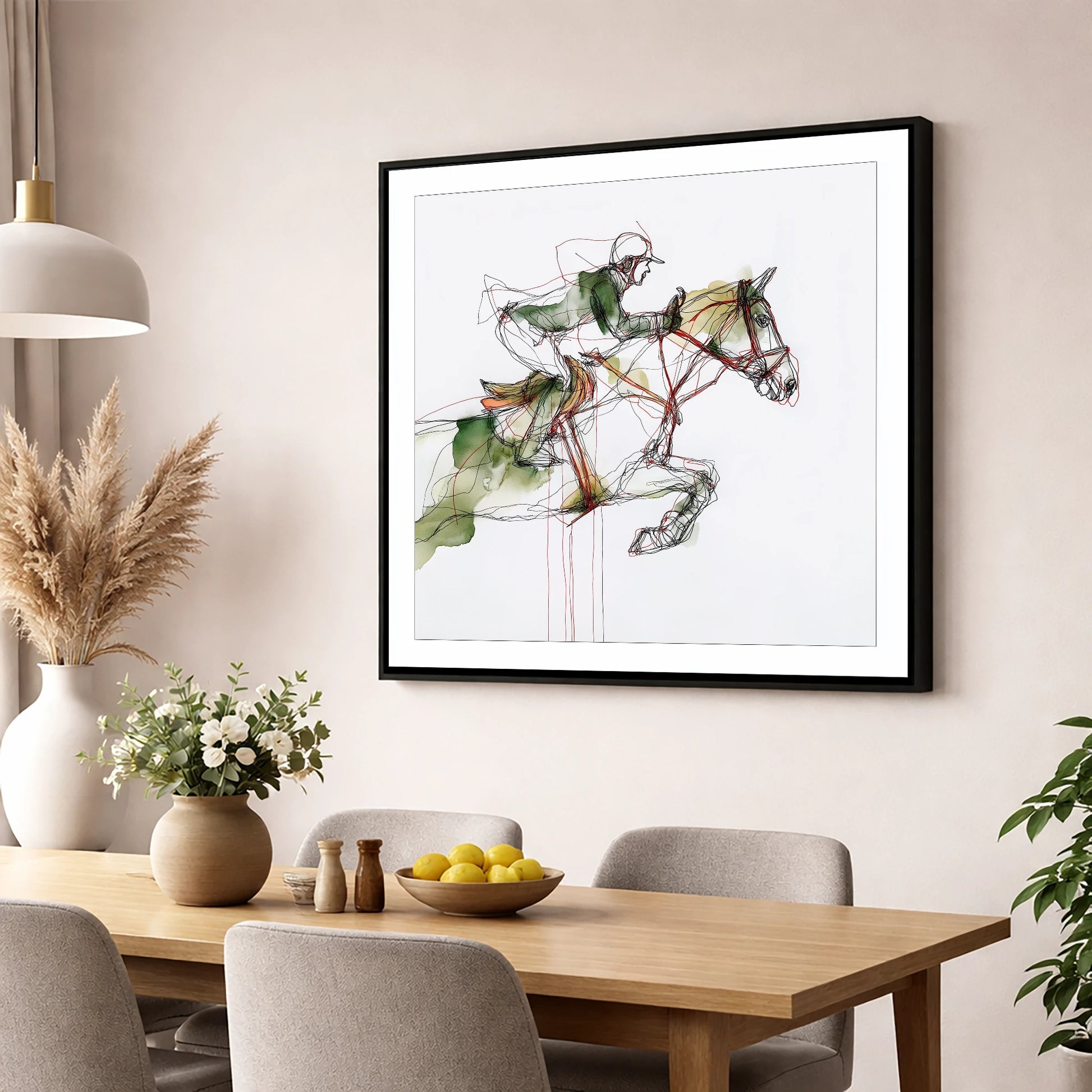 Dynamic Flight show jumping horse wall art displayed in a dining room