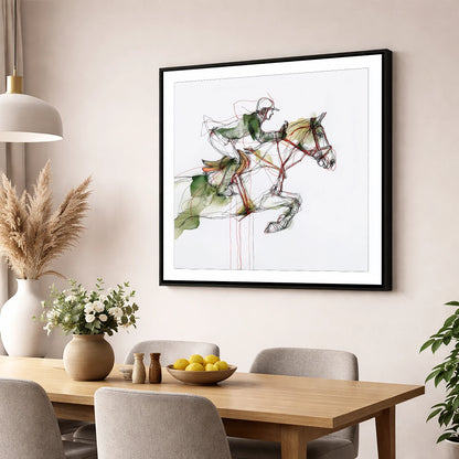 Dynamic Flight show jumping horse wall art displayed in a dining room